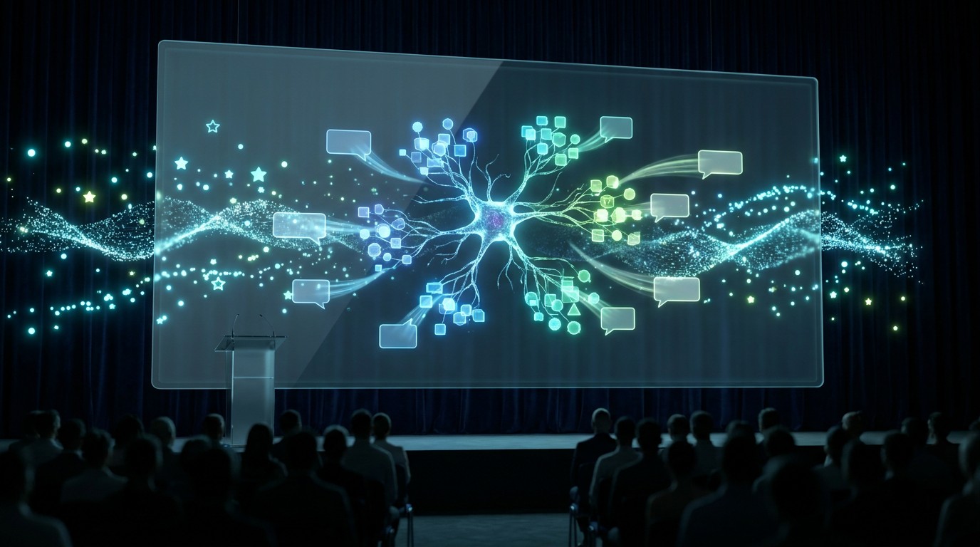 A glowing neural core ingesting answers and emitting chat bubbles