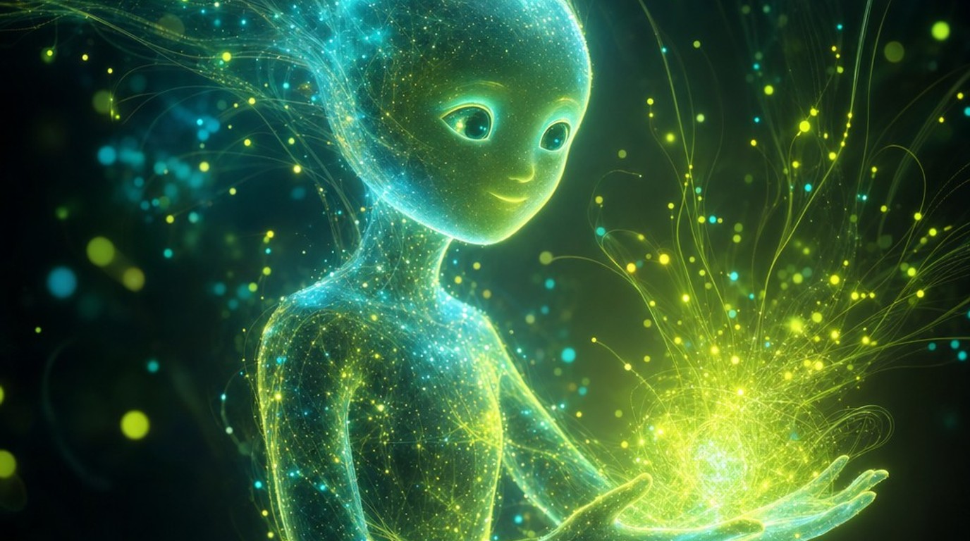 A friendly glowing AI being cradling a spark