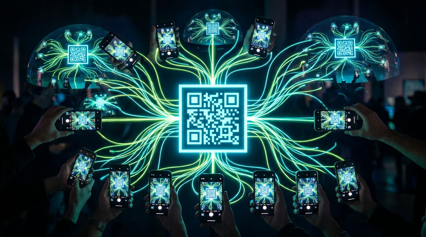 One QR code fanning out into many — instant viral joins