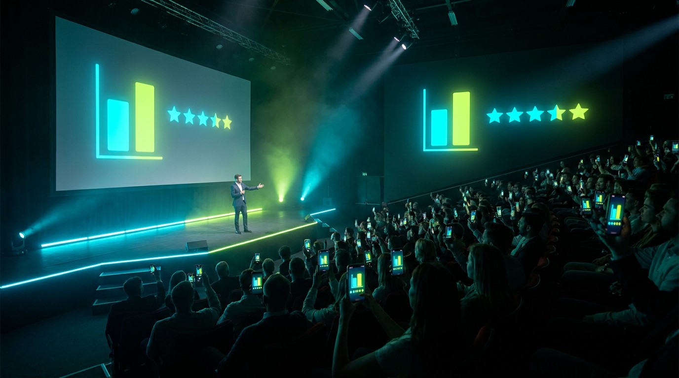 A host on stage; the big screen shows a live chart while the crowd holds phones